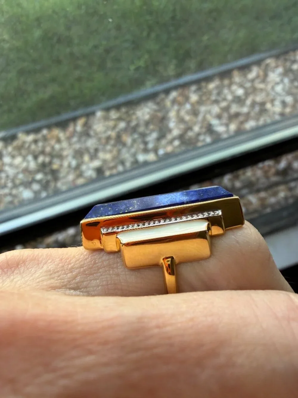 NIB WOW Art Deco Lapis & White Topaz Enamel in 18kt Gold Over Sterling - 5 -5.25